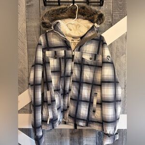 Roxy Brand Navy & White Faux Fur Hood Plaid Women’s Ski Snowboard Jacket Size S